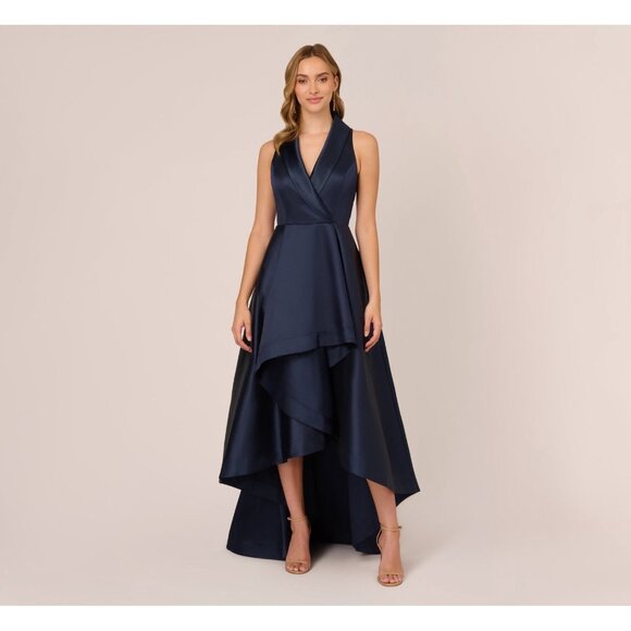 Adrianna Papell Women Size 10 Navy Blue Sleeveless High-Low Tuxedo Gown Dress - Picture 1 of 12